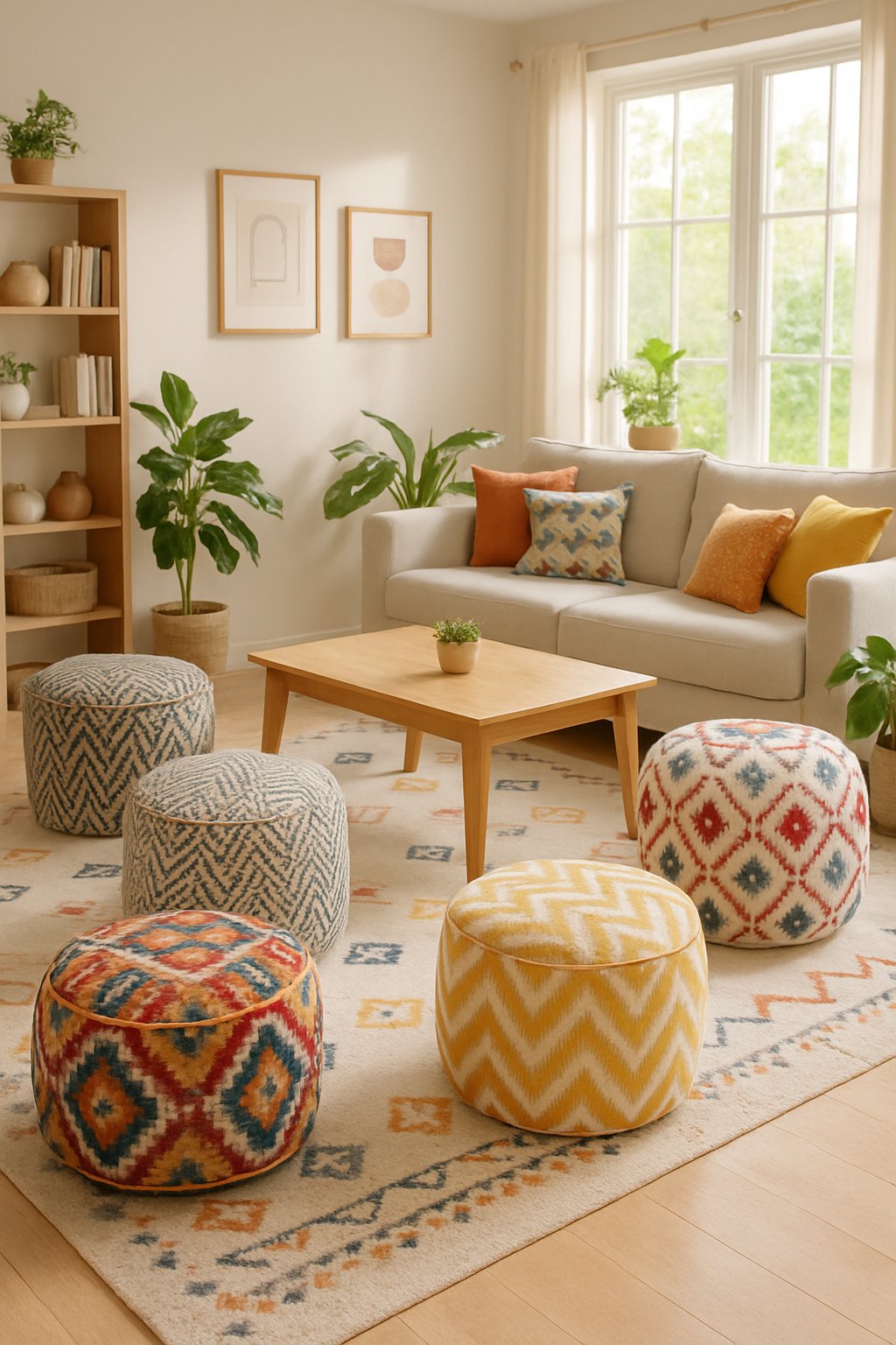 Living room with patterned poufs arranged around a coffee table, sofa, plants, and shelves in a well-lit space.