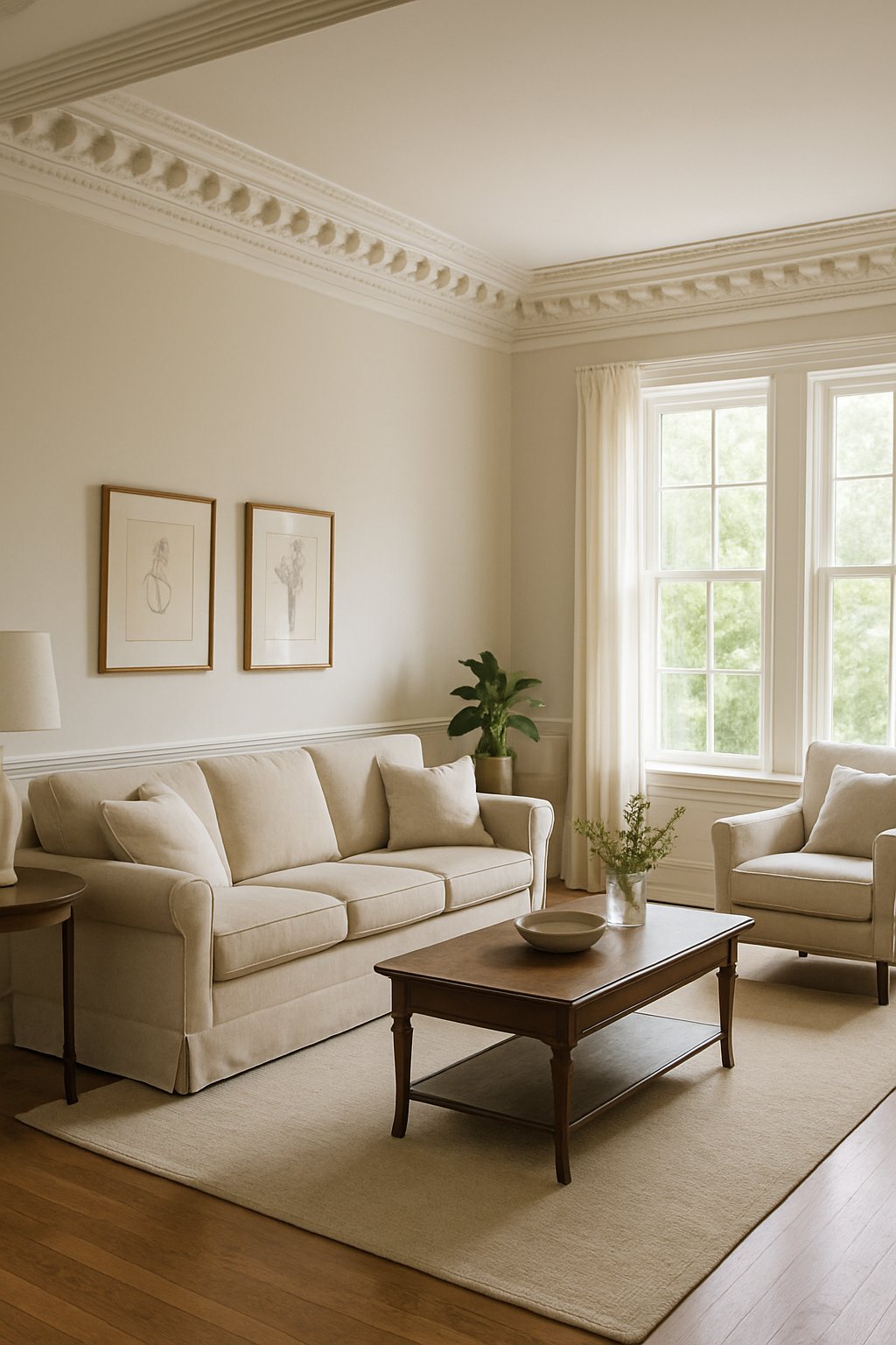 A spacious living room with large windows, a sofa, coffee table, and crown molding along the ceiling.