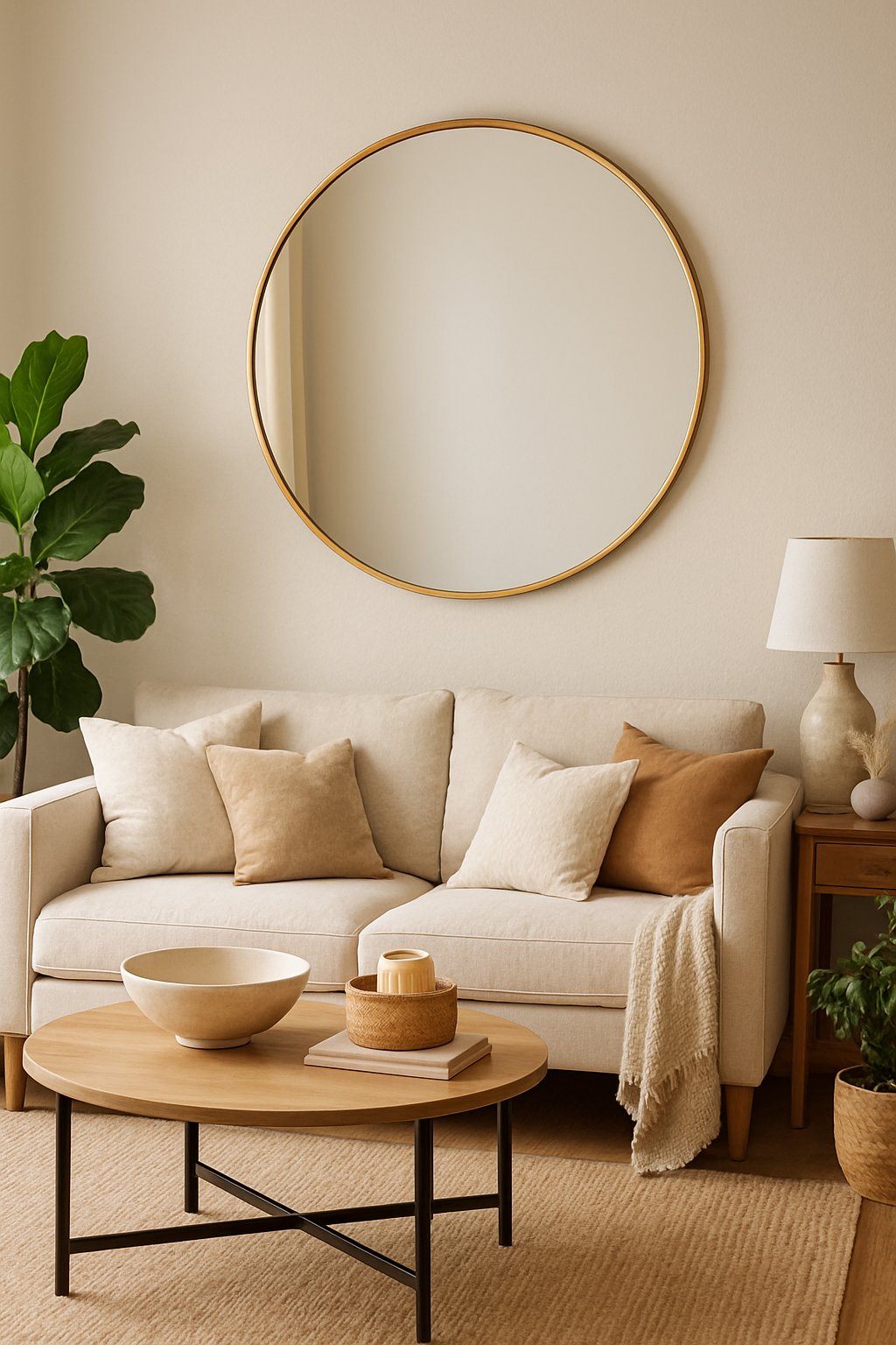Living room with a round gold-framed mirror on the wall above a sofa surrounded by plants and decorative items.