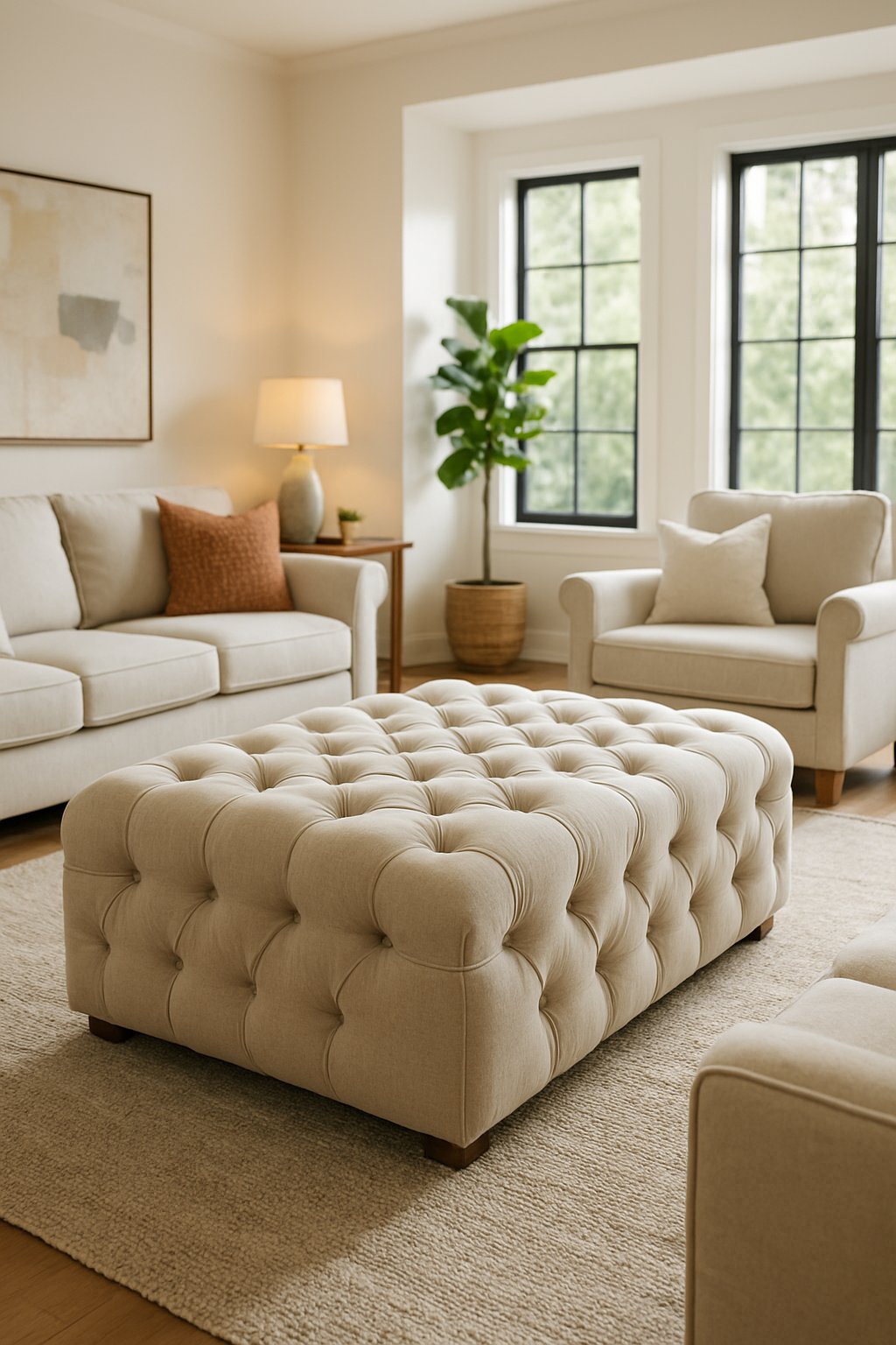 A bright living room with a tufted ottoman in the center surrounded by sofas, plants, and decorative elements.