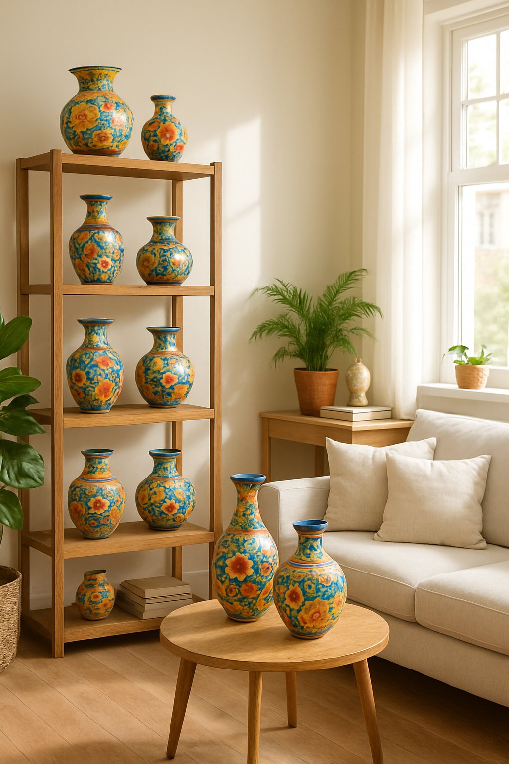 A cozy living room with hand-painted ceramic vases displayed on shelves and a side table, surrounded by plants and comfortable furniture.