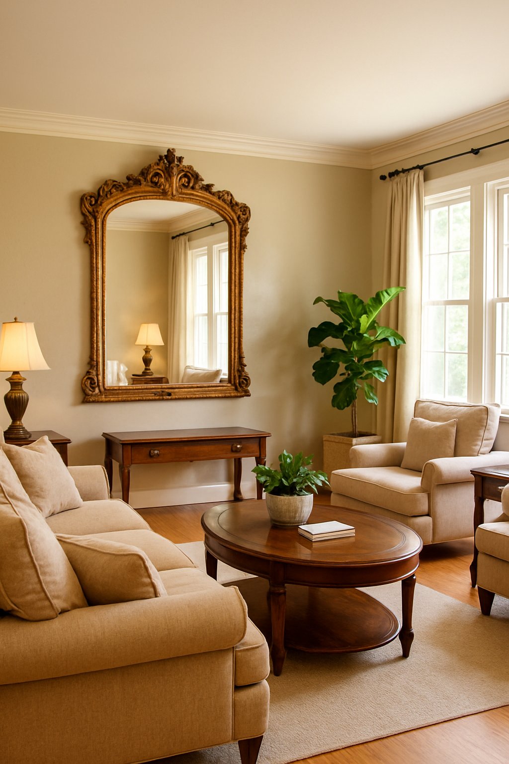 A spacious living room with a large antique mirror on the wall, comfortable seating, and natural light filling the space.
