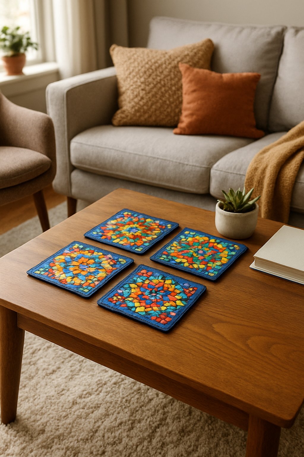 A cozy living room with a wooden coffee table displaying colorful mosaic coasters surrounded by comfortable furniture and natural light.