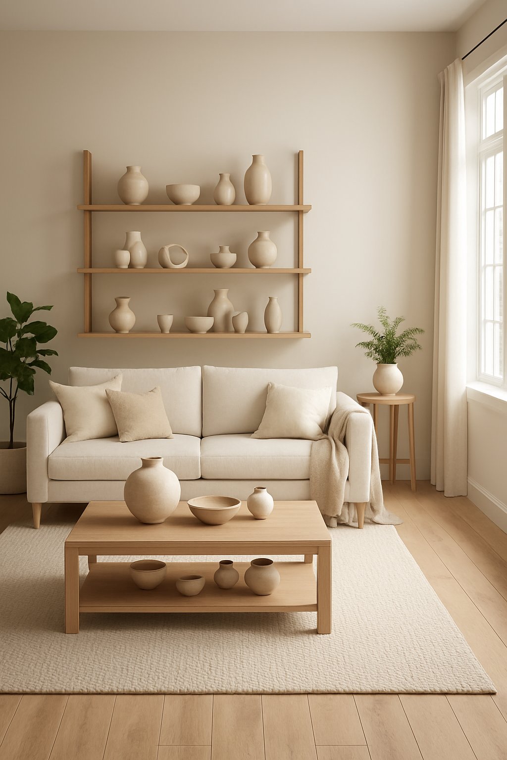 A living room with a sofa, wooden coffee table, and shelves displaying ceramic vases and bowls, with natural light and plants.