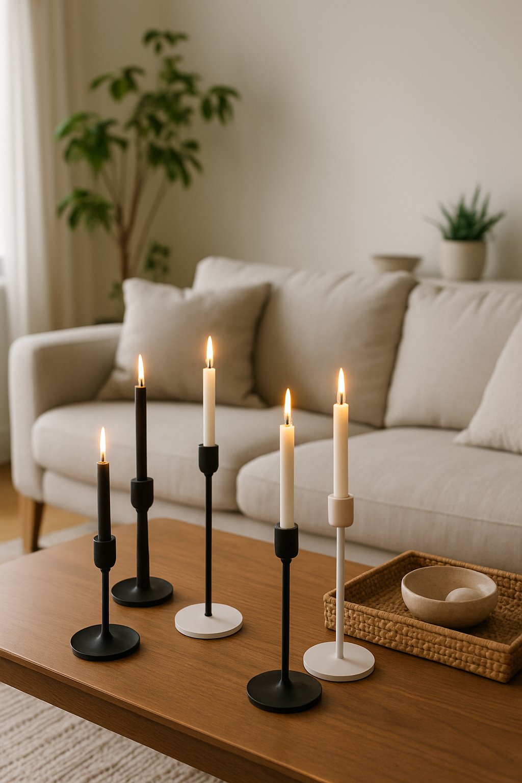 A living room with a wooden coffee table holding minimalist candle holders with lit candles, surrounded by a sofa, plants, and decorative items.