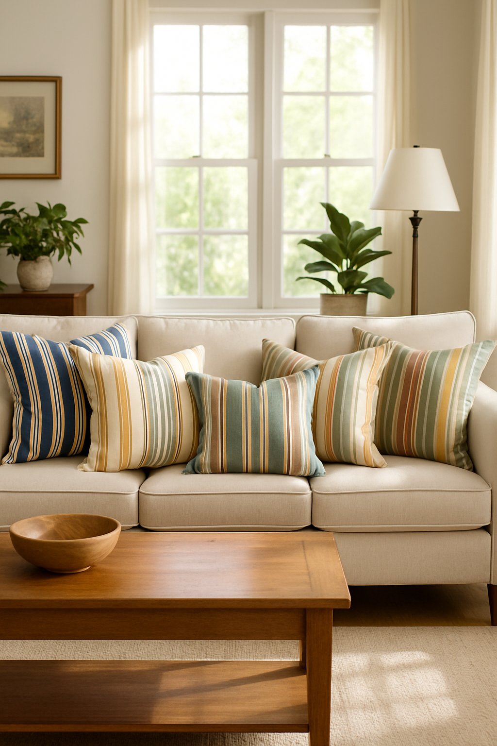 A living room with a sofa adorned with striped throw pillows, a wooden coffee table, plants, and soft natural lighting.
