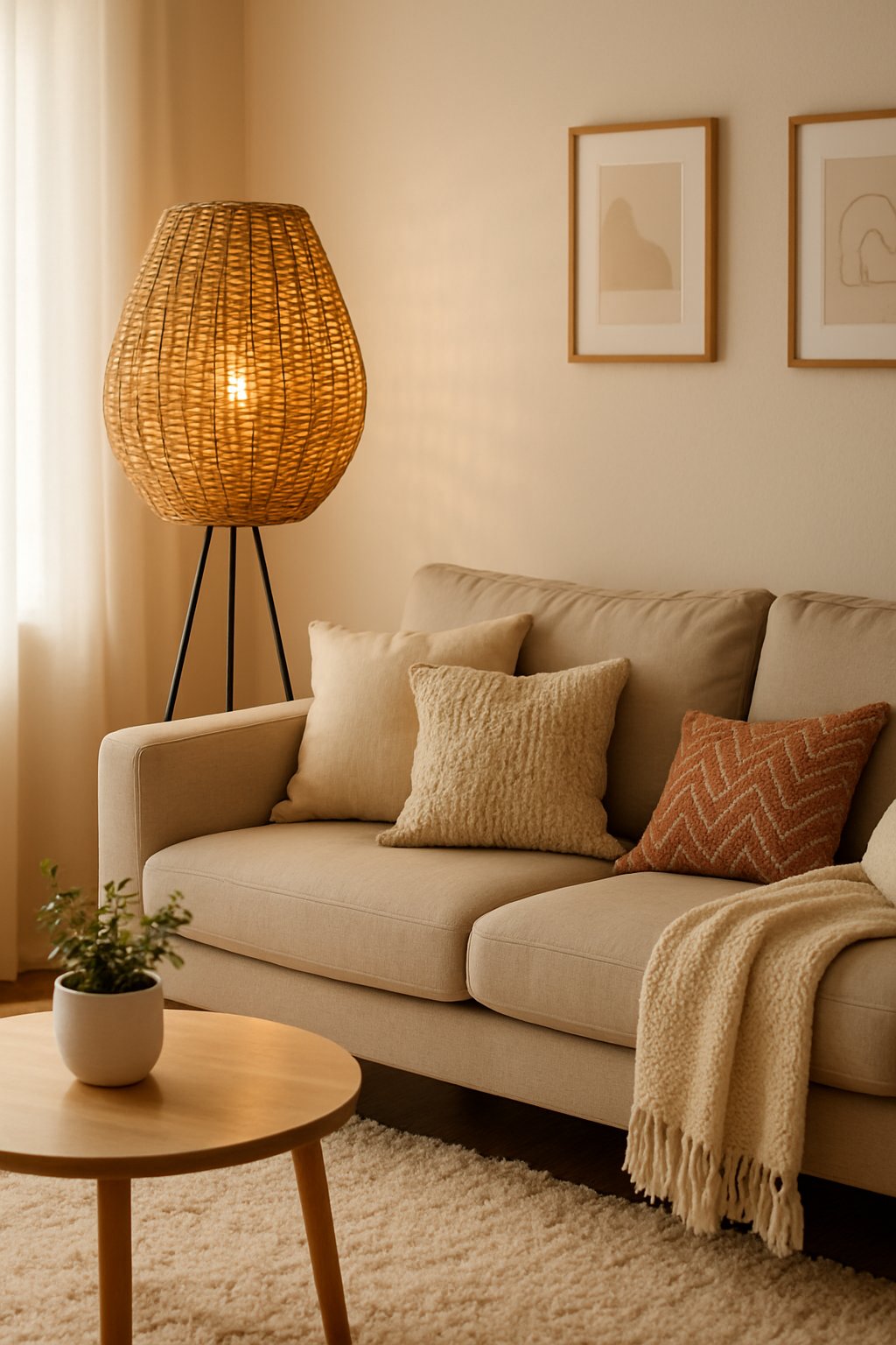 A cozy living room with a wicker floor lamp next to a sofa and a coffee table with a plant.