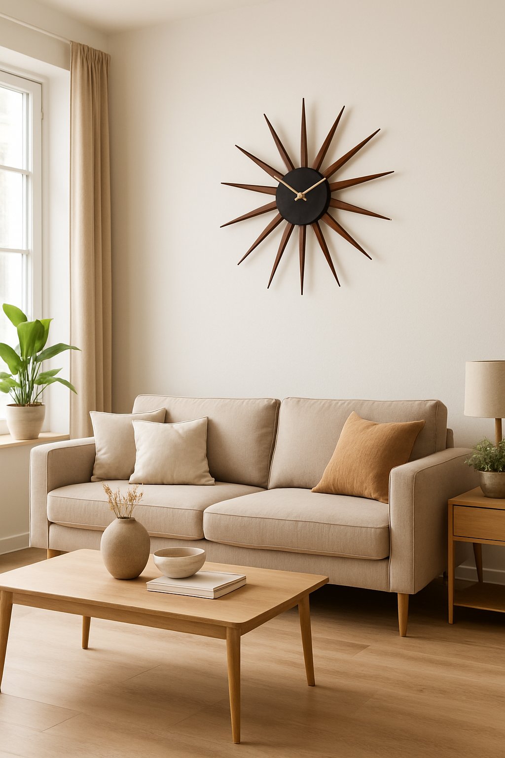 A bright living room with a sunburst wall clock above a sofa, a coffee table, and indoor plants.