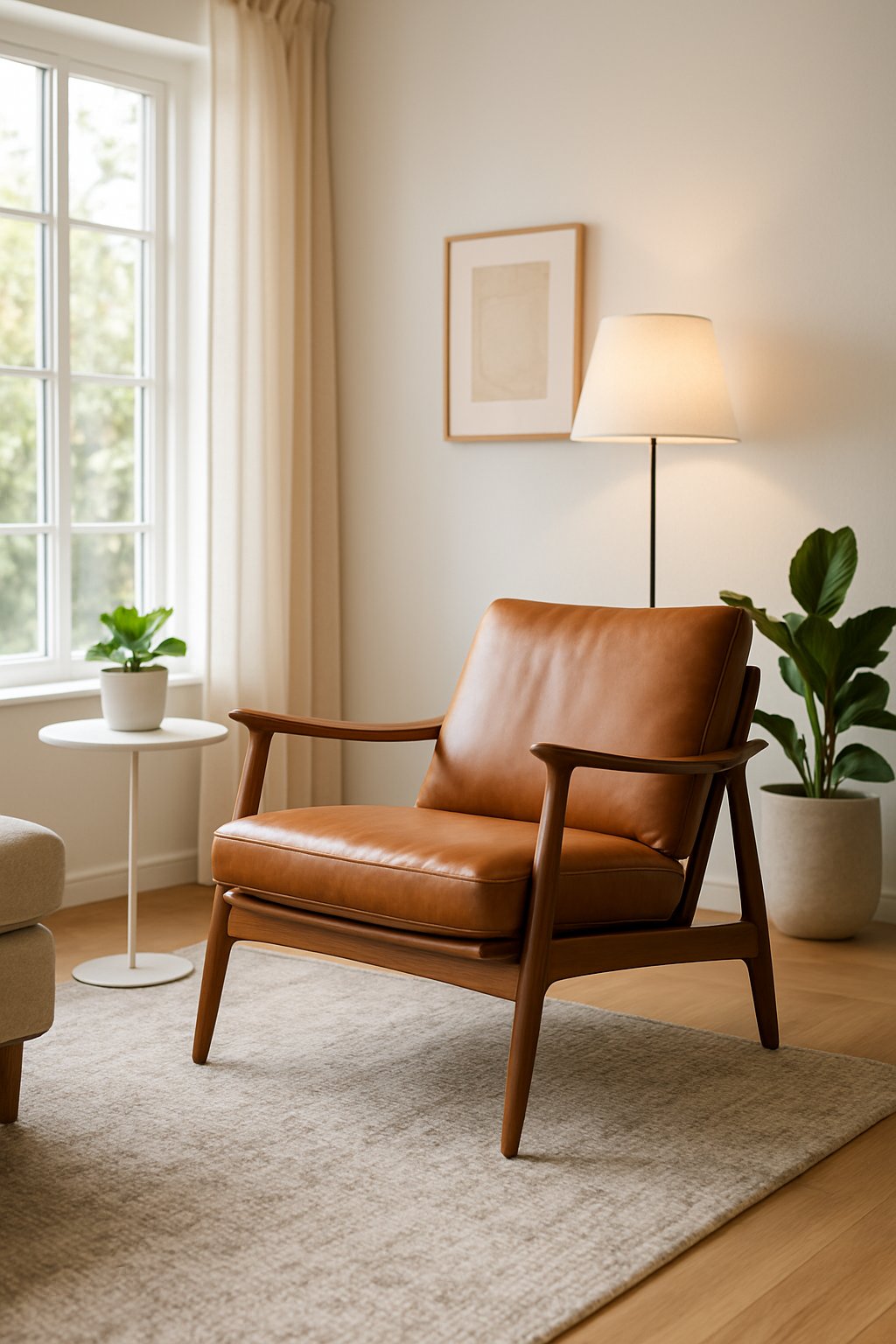 A bright living room with a wooden lounge chair, side table, floor lamp, and plants.