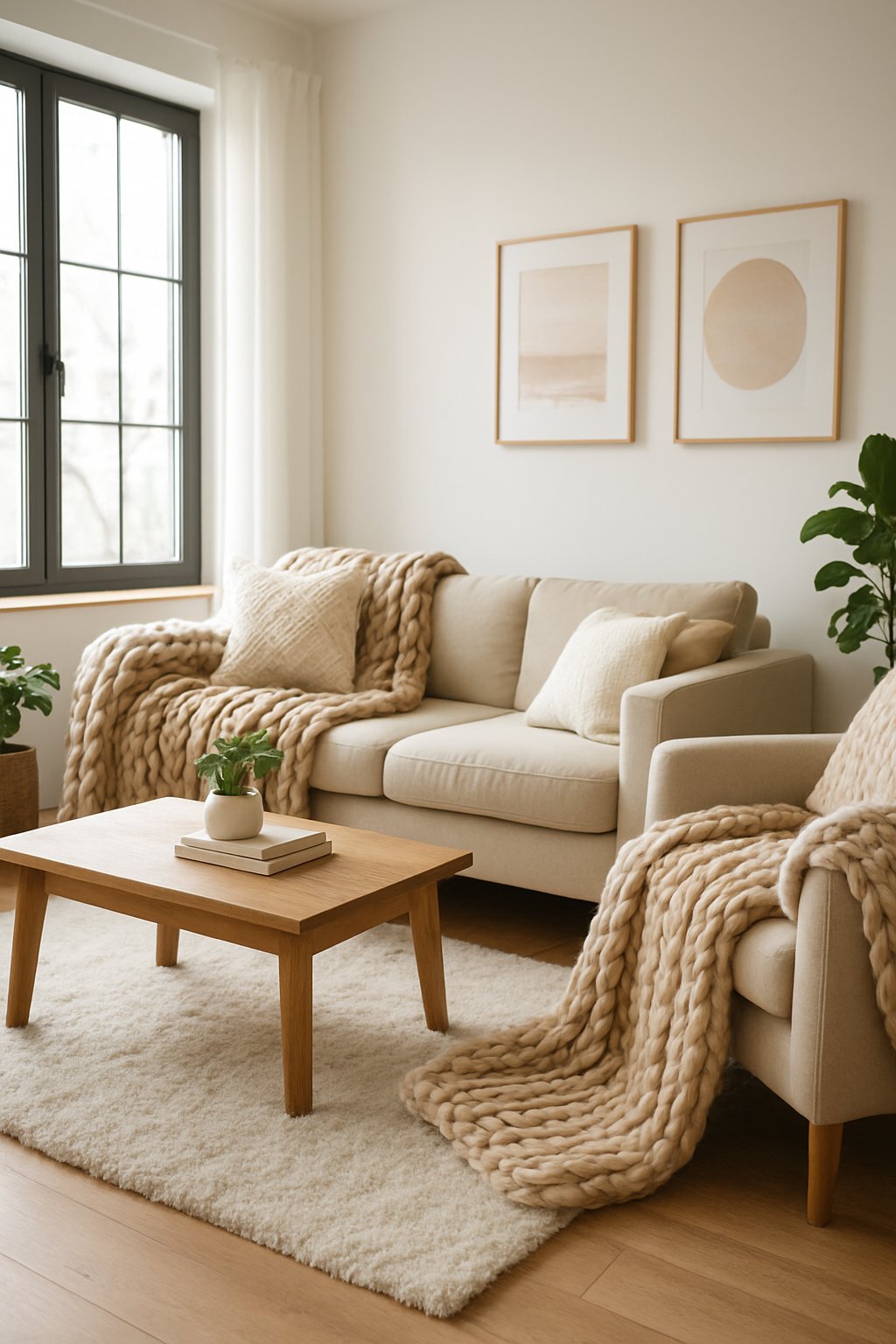 A living room with chunky knit blankets on a sofa and armchairs, a wooden coffee table, plants, and soft lighting.
