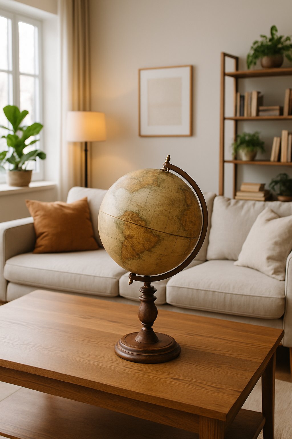 A living room with a sofa, coffee table, indoor plants, and a vintage globe on a wooden stand.