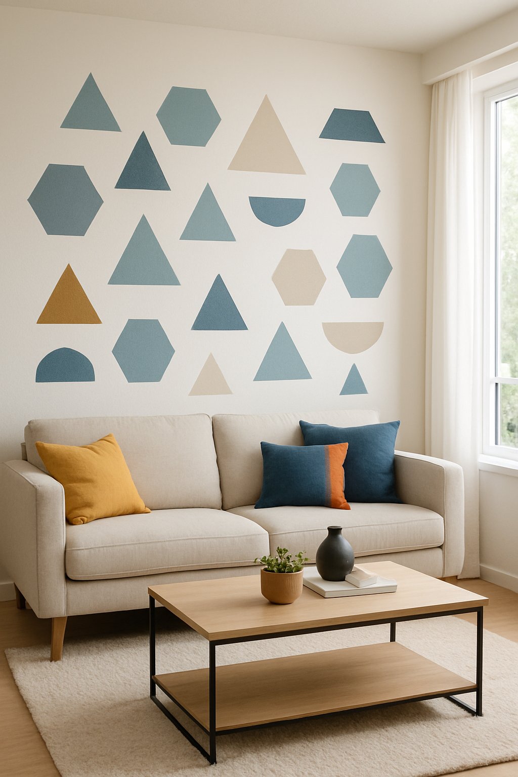 A bright living room with a sofa, coffee table, and geometric shapes decorating the wall.