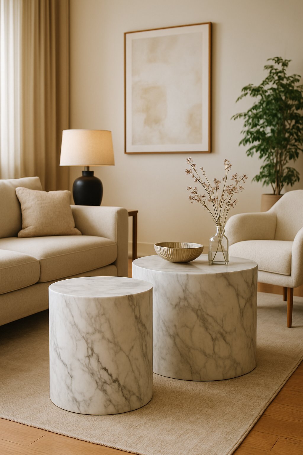 A living room with marble side tables next to sofas and armchairs, decorated with plants and artwork.