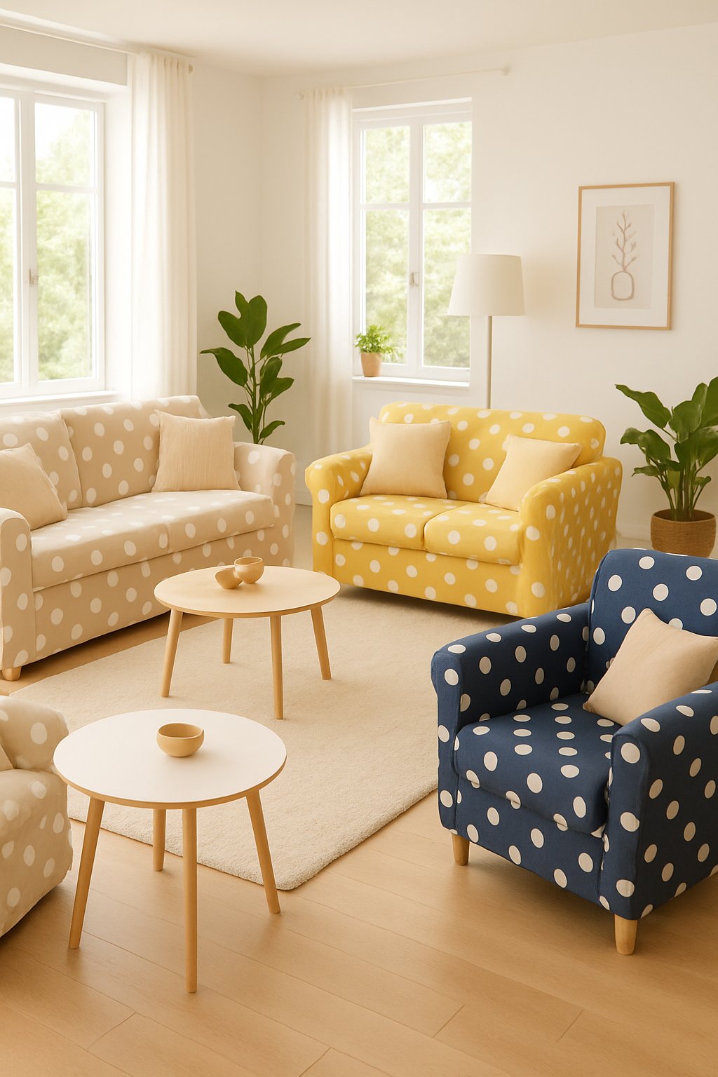A living room with sofas and armchairs covered in polka dot slipcovers, decorated with cushions, a rug, plants, and natural light coming through large windows.