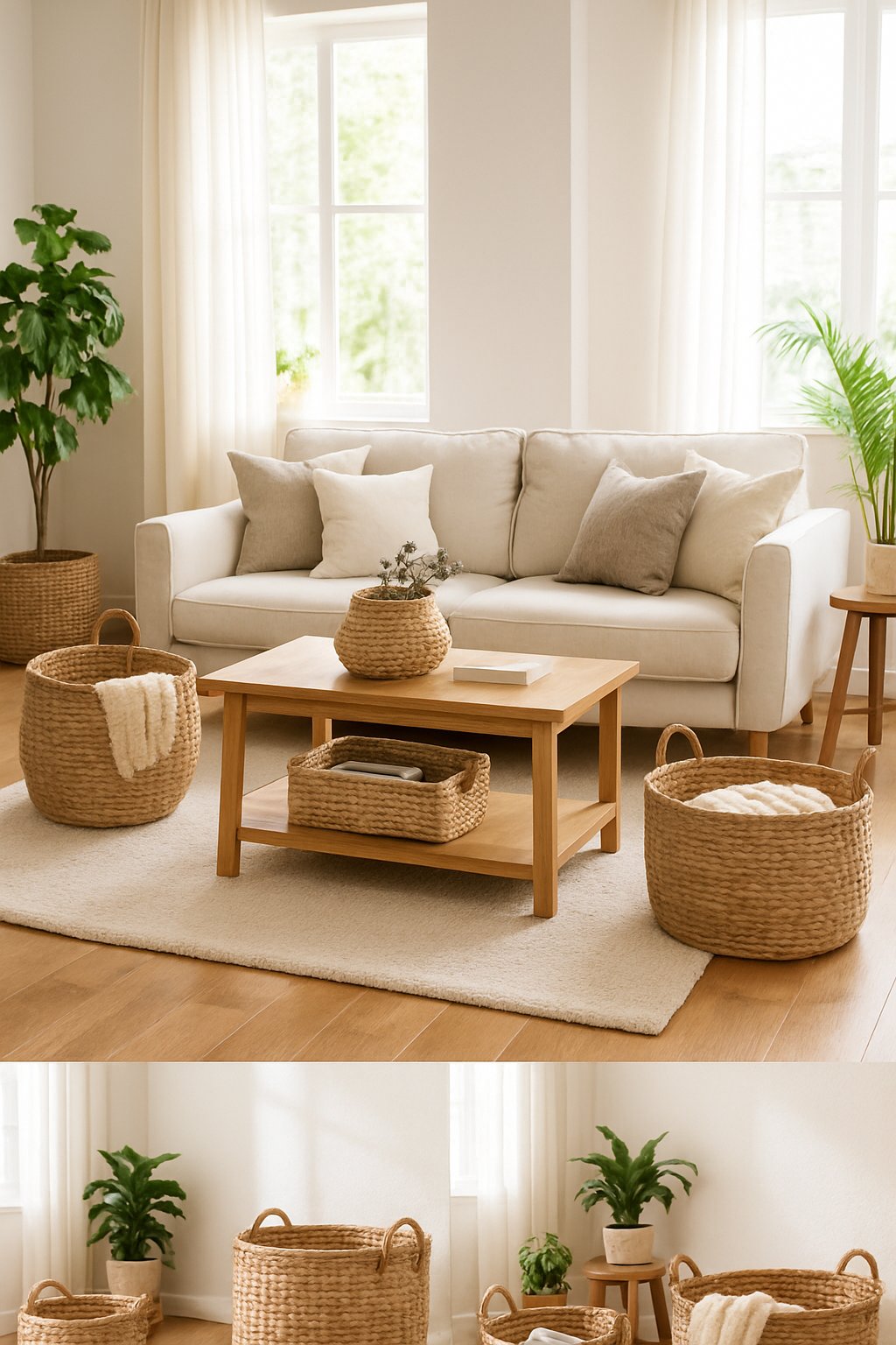 Living room with woven baskets used for storage, sofa, coffee table, plants, and natural light.