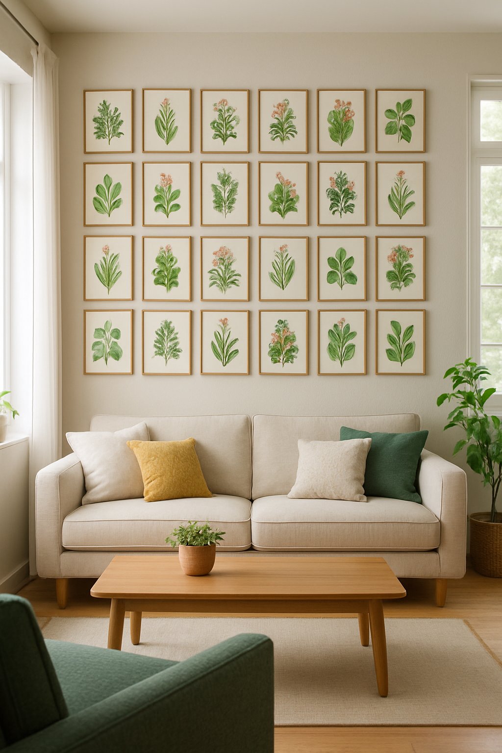 Living room with a sofa and coffee table, decorated with many framed botanical prints on the wall and natural light coming through windows.