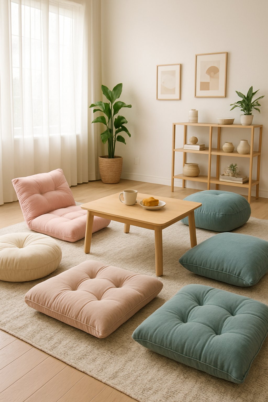 A cozy living room with multiple plush floor cushions arranged around a low coffee table, natural light coming through large windows, plants, and decorative shelves in the background.