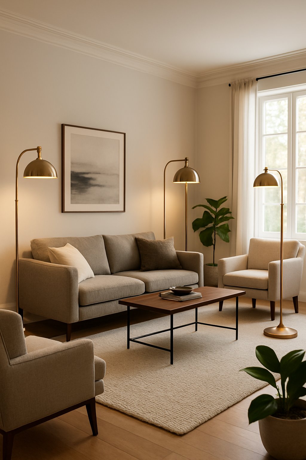A living room with sofas, armchairs, coffee table, and several brass floor lamps providing warm lighting.