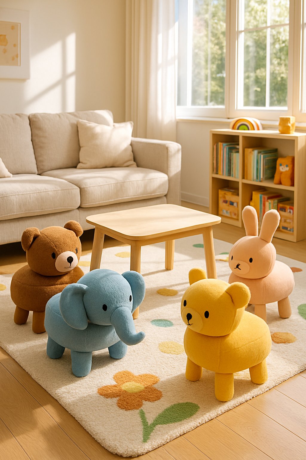 A living room with colorful animal-shaped stools arranged around a coffee table, surrounded by children's toys and books.