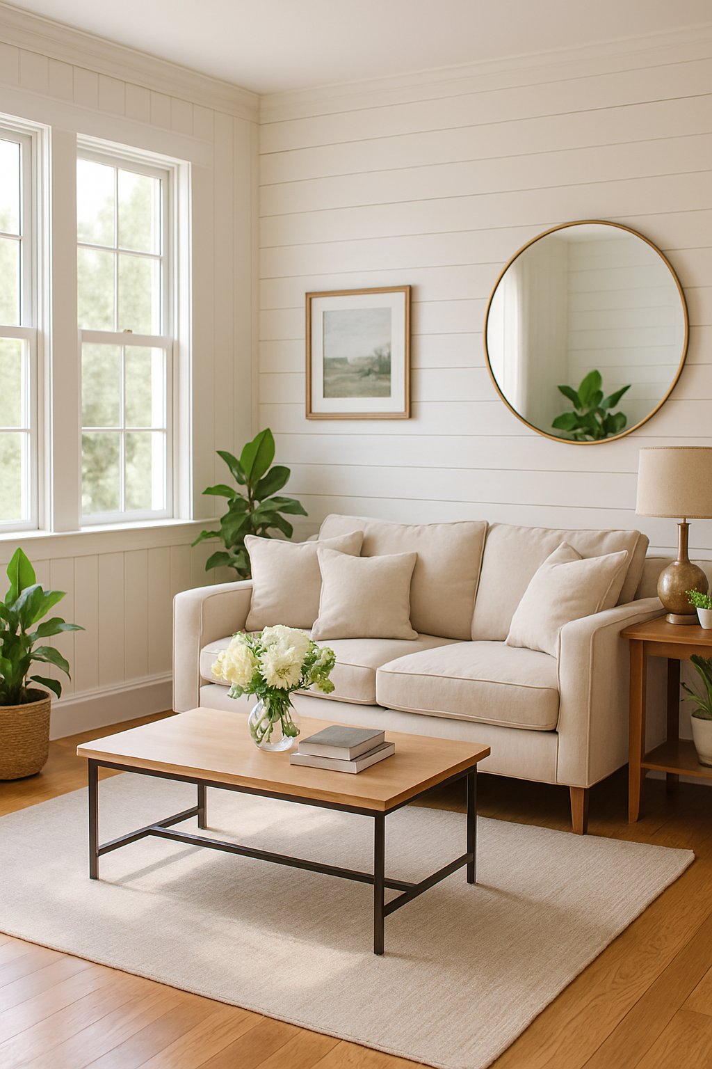 A bright living room with wooden walls, a sofa, coffee table, and indoor plants.