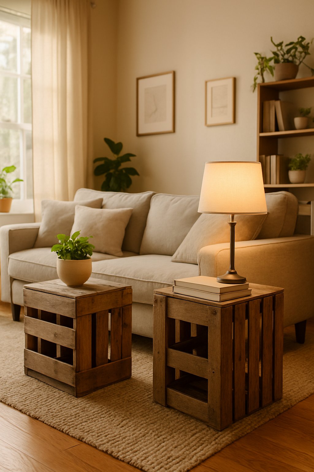 Living room with two wooden crate side tables next to a sofa, decorated with plants, books, and a lamp.