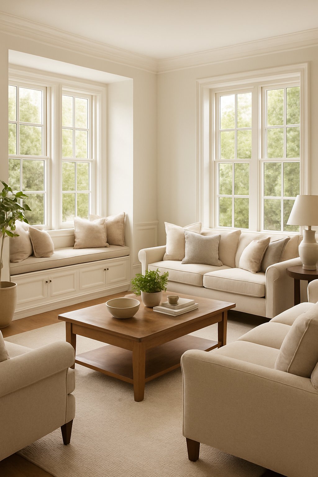 A bright living room with built-in window seats by large windows, furnished with cushions and surrounded by classic furniture.
