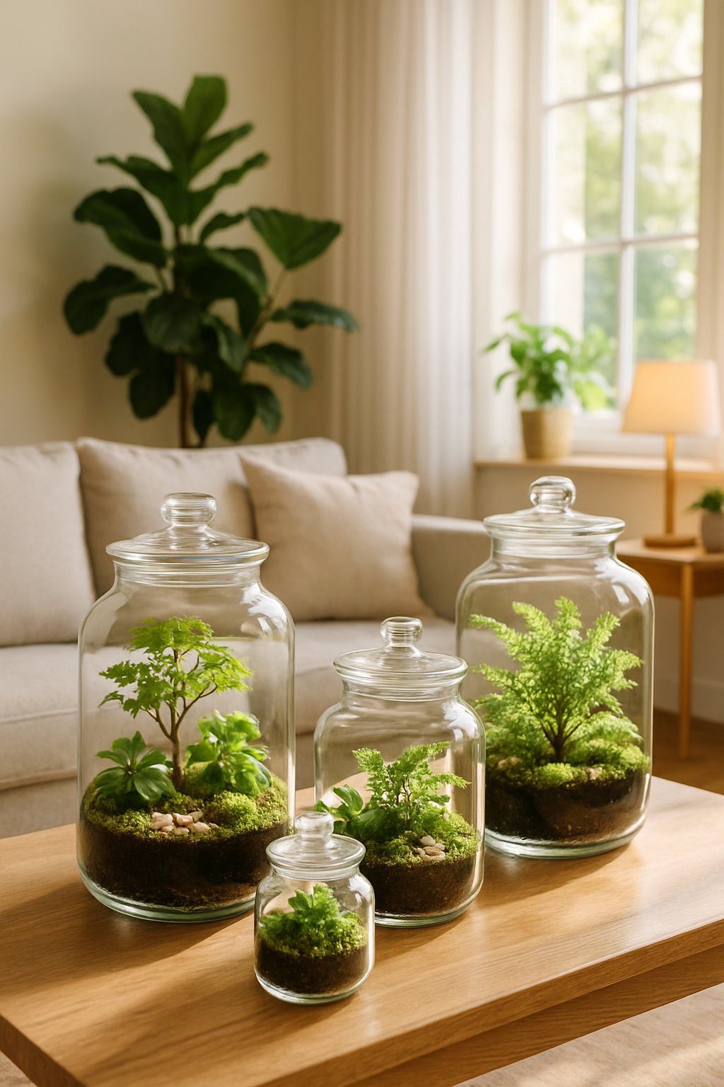 Living room with glass jar terrariums containing green plants placed on a coffee table and shelves.