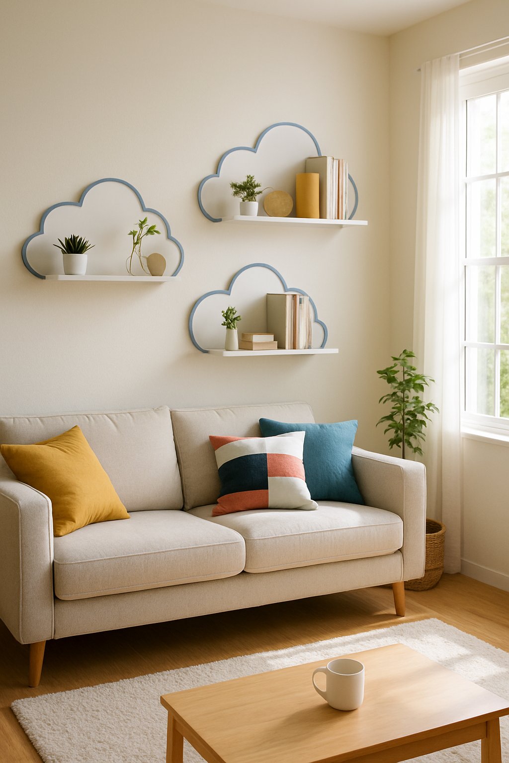 Living room with cloud-shaped wall shelves holding plants and decorations above a sofa with cushions.