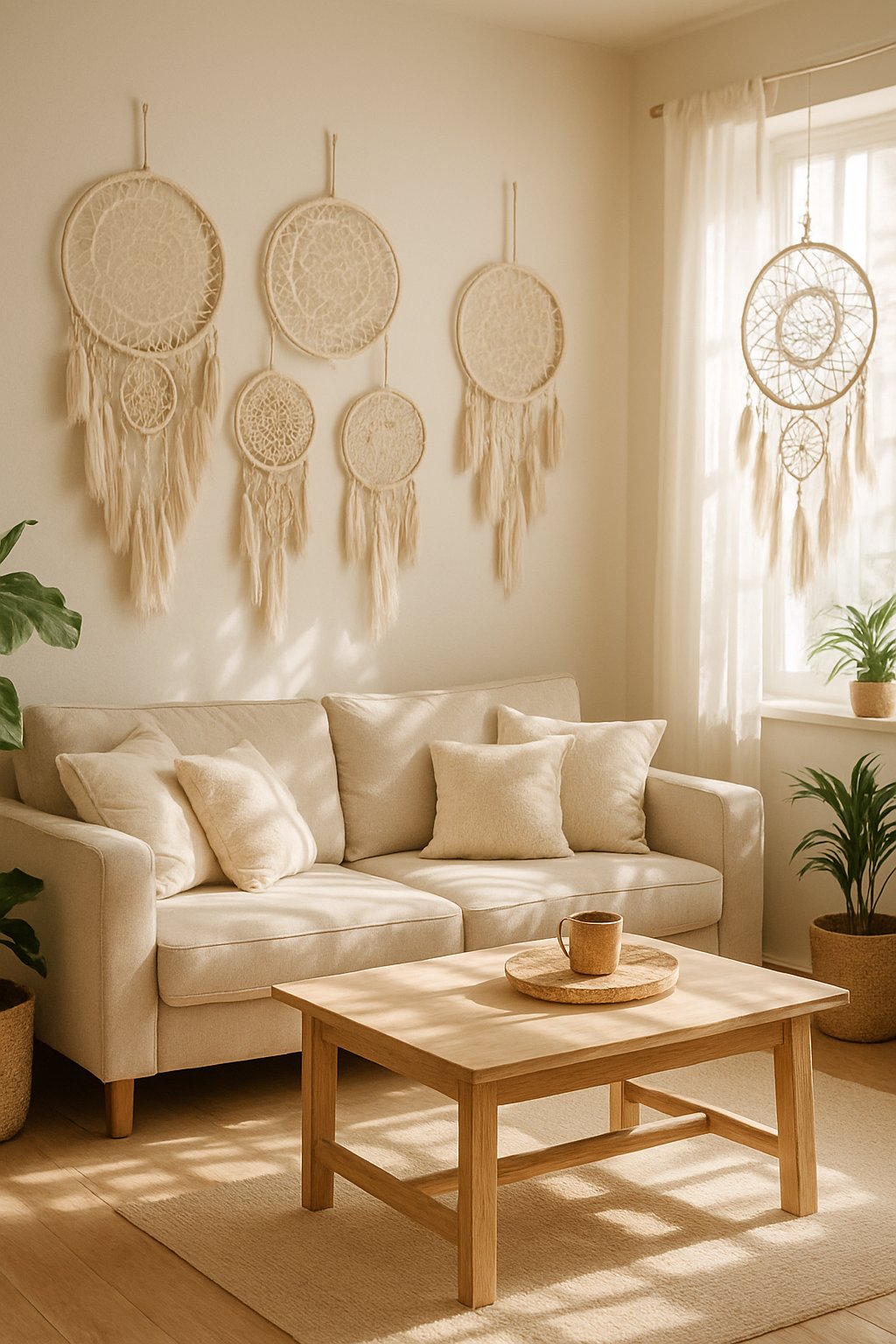 A cozy living room with handwoven dreamcatchers hanging on the walls and near windows, surrounded by a sofa, coffee table, and indoor plants.