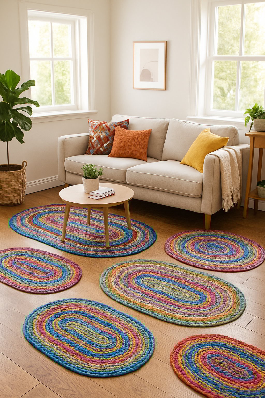Living room with colorful braided rugs on the floor, a sofa, coffee table, and plants near large windows.