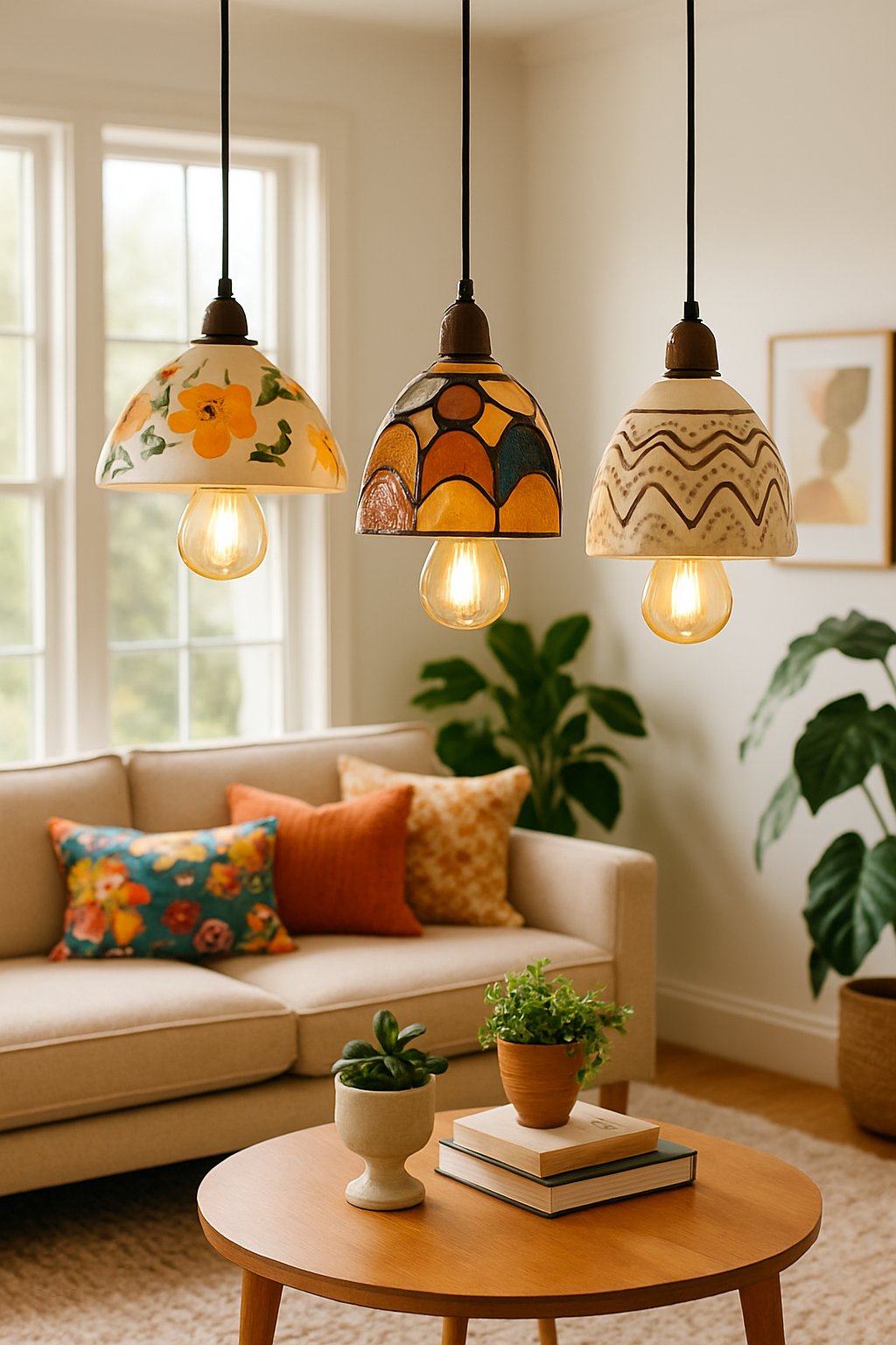 A cozy living room with three decorative pendant lights hanging above a sofa and coffee table, surrounded by plants and natural light.