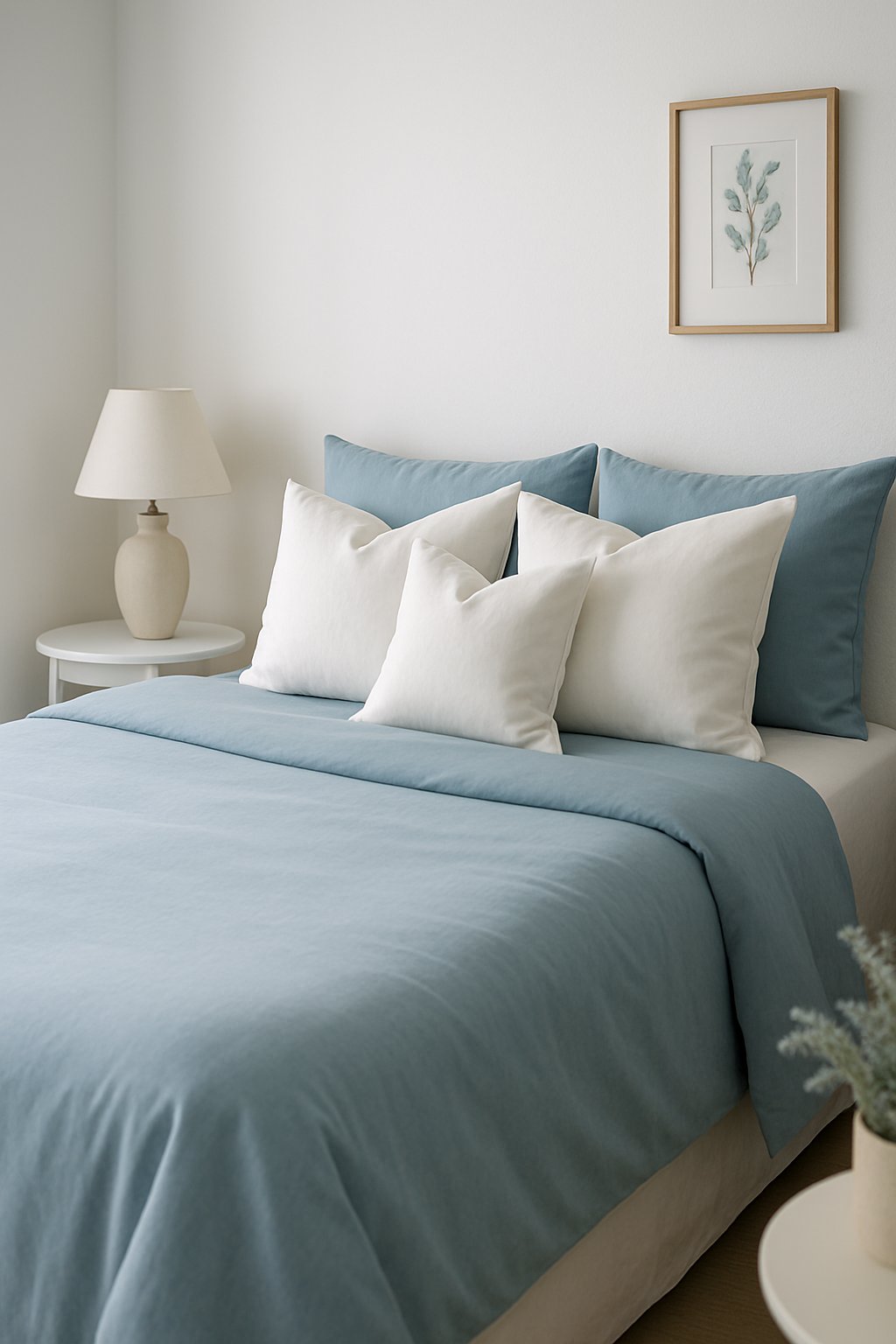 Soft blue bedding with white throw pillows on a cozy bed in a white and blue themed bedroom