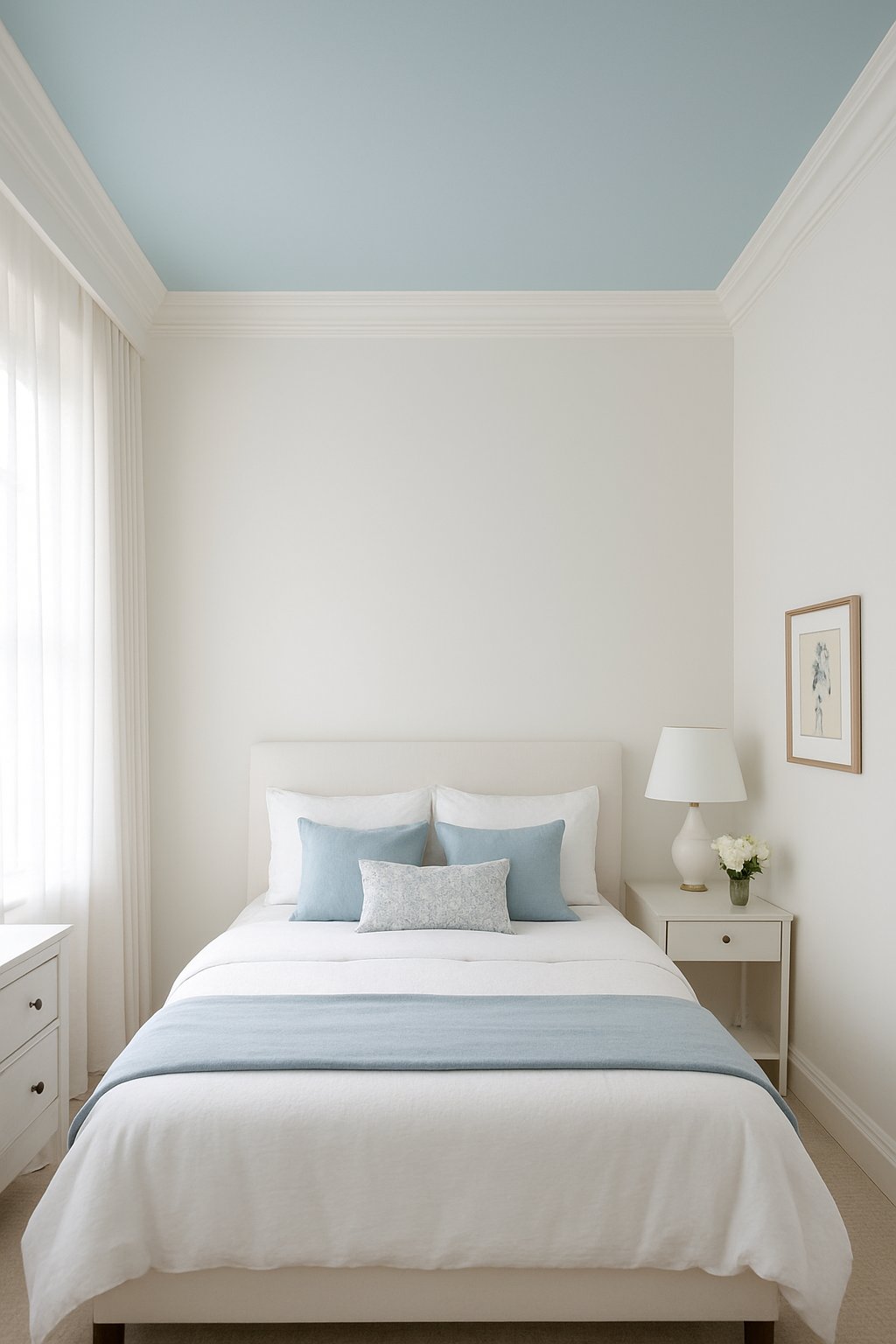 A light blue ceiling with white crown molding in a serene bedroom setting in a white and blue themed bedroom