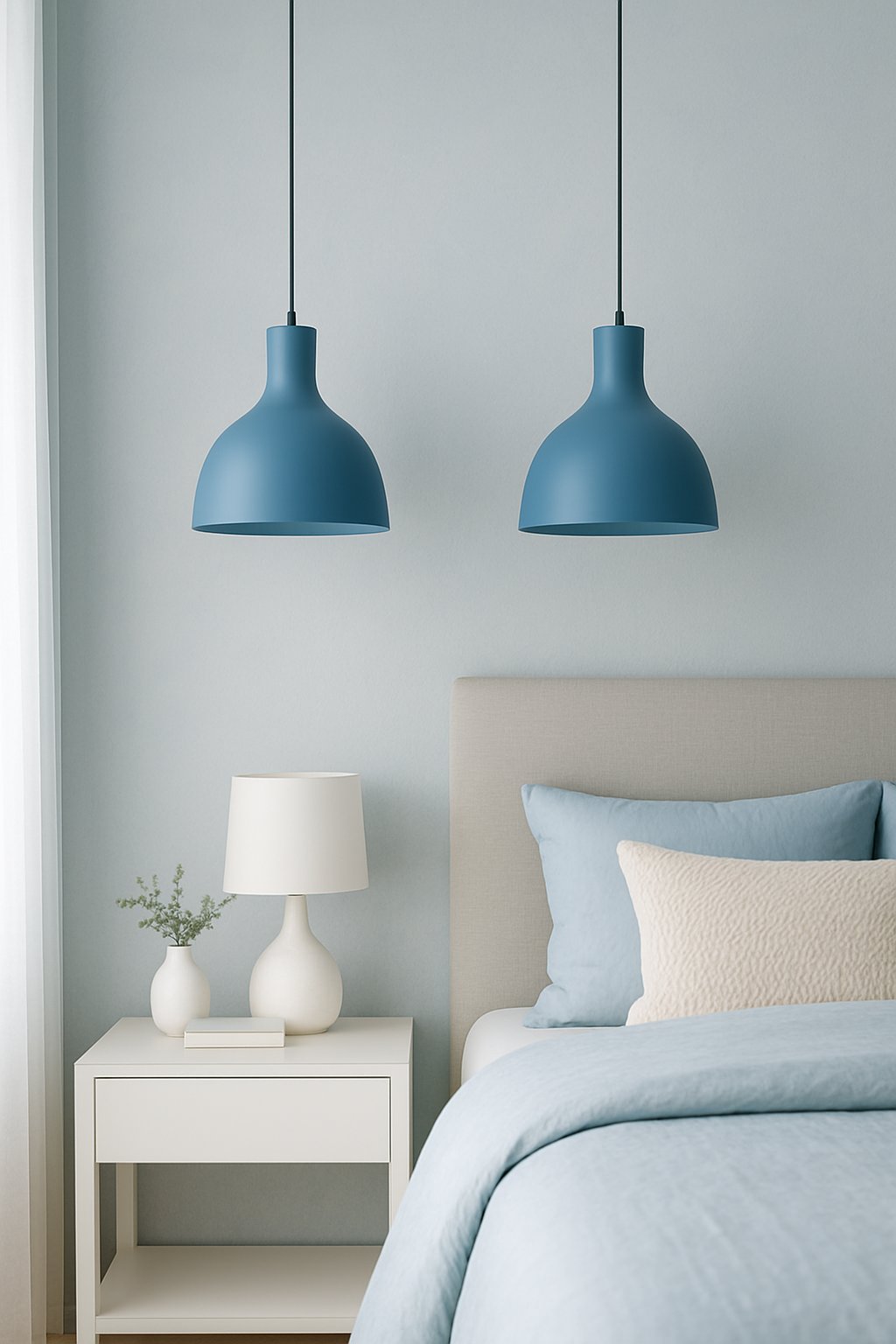 Two blue pendant lights hang over a white bedside table in a serene blue and white bedroom