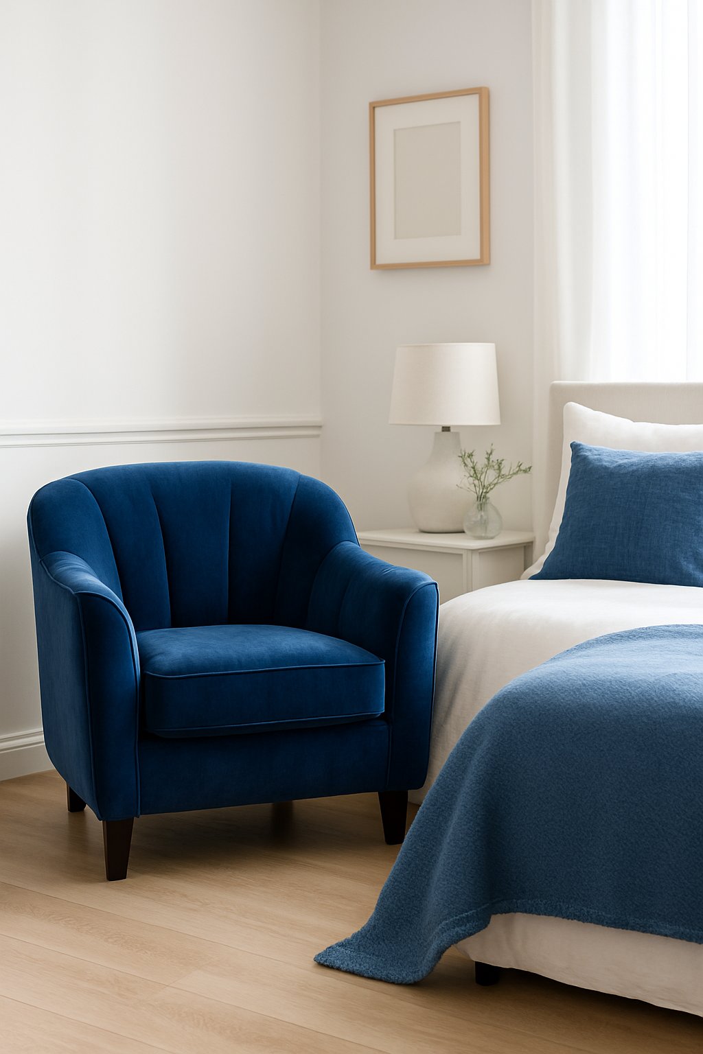 A blue velvet armchair sits in a white corner nook in a bedroom with a white and blue color scheme