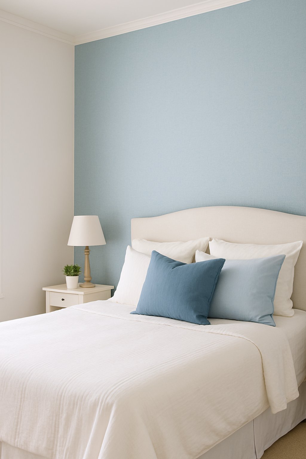 Crisp white walls with soft blue wallpaper create a serene bedroom setting in a blue and white themed bedroom