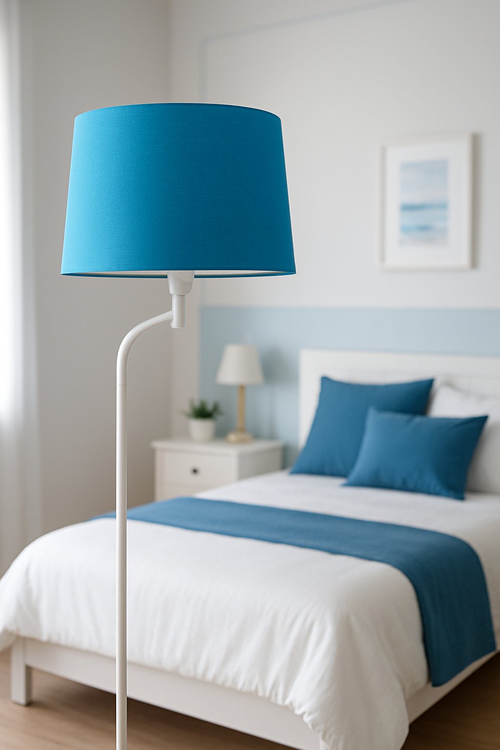 A white floor lamp with a blue lampshade stands in a serene white and blue bedroom