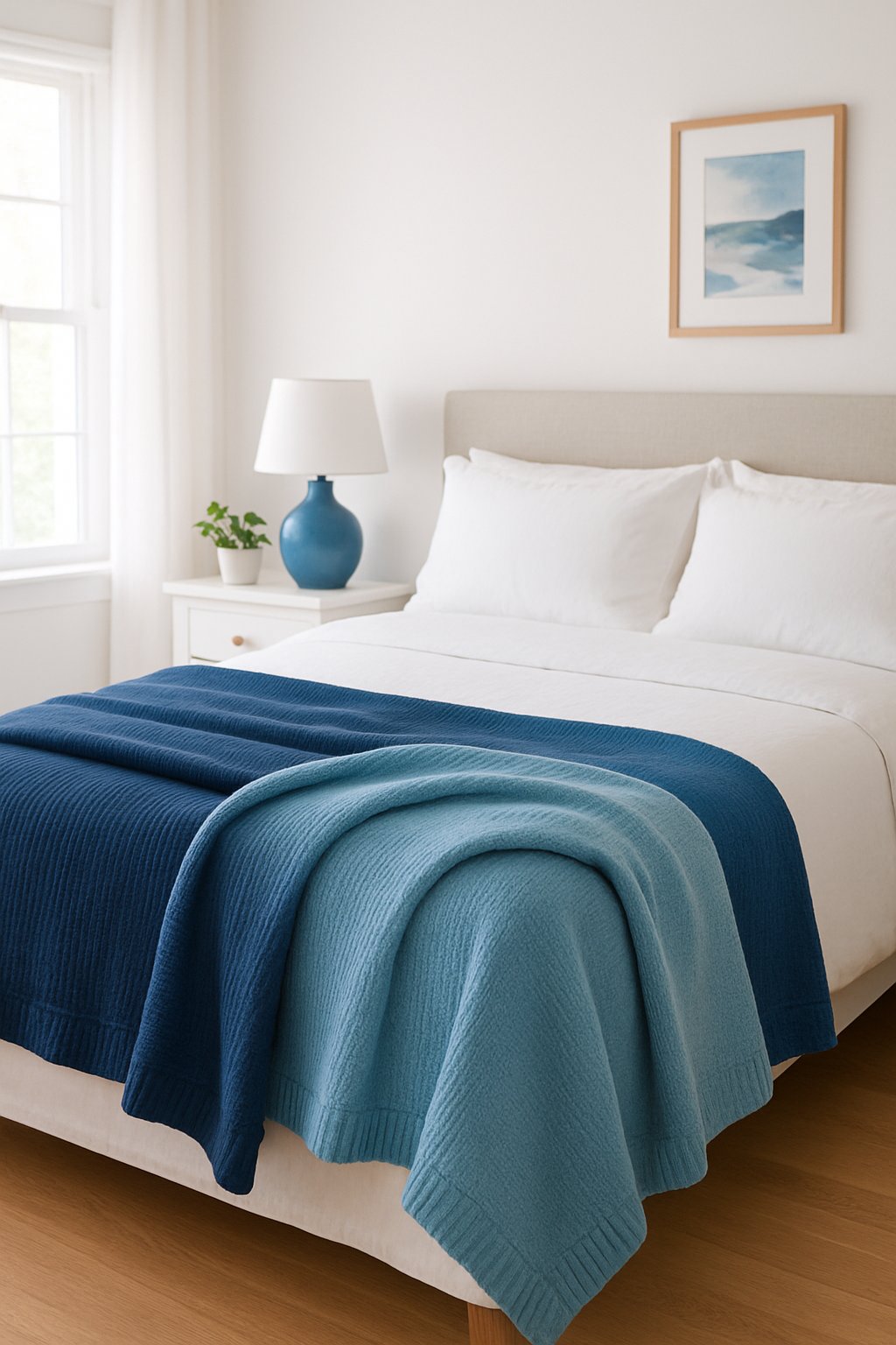 Navy and sky blue throw blankets draped over a cozy bed in a white and blue bedroom