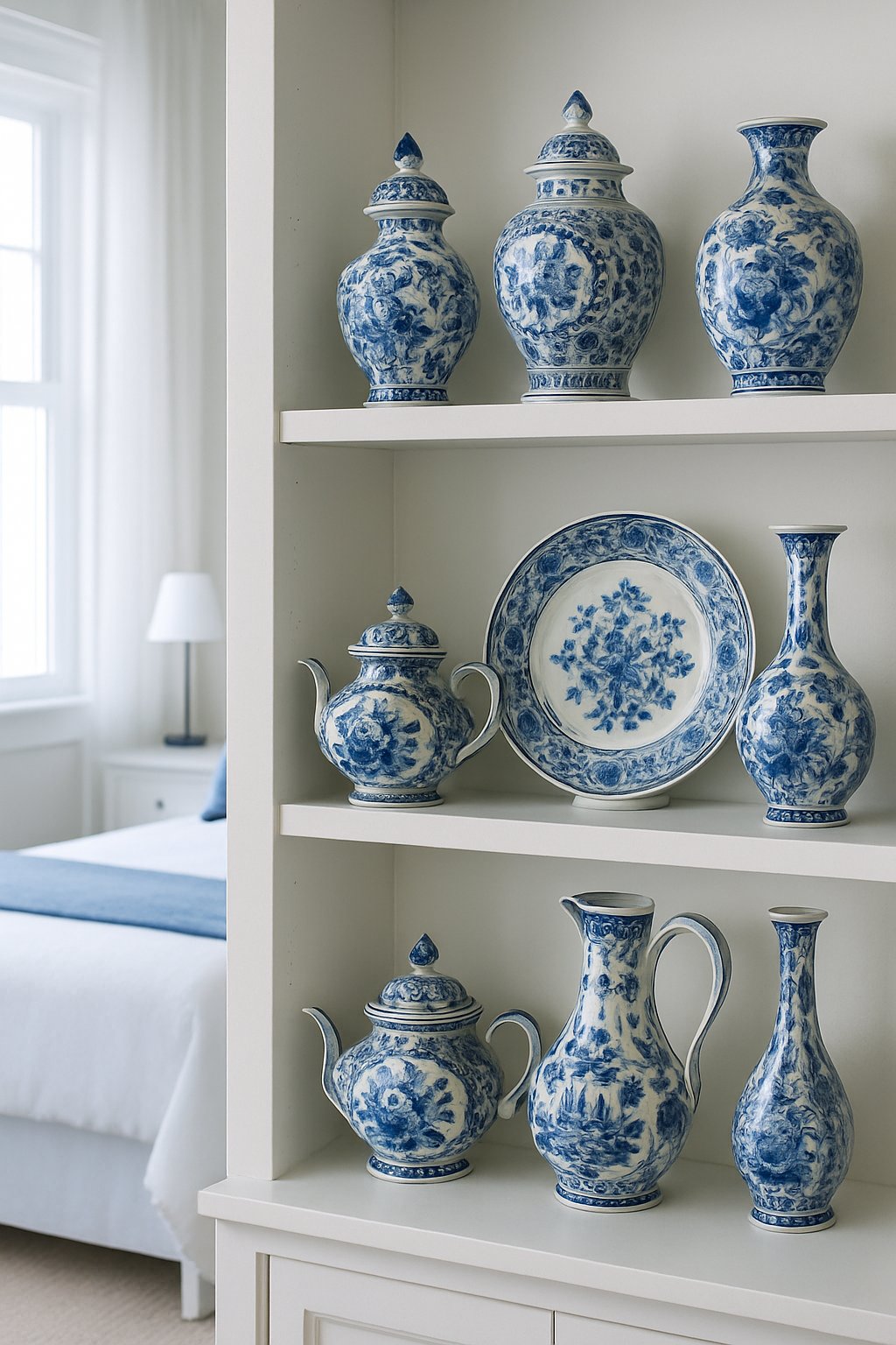 Blue and white Delftware pottery displayed on white shelves in a serene bedroom setting in a white and blue bedroom