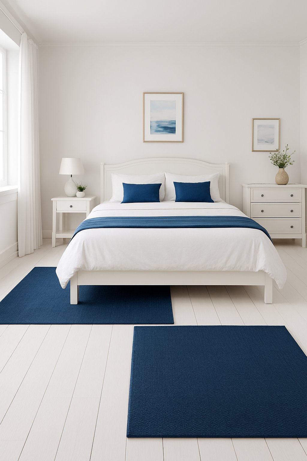 White wood floors with navy rugs in a serene white and blue bedroom