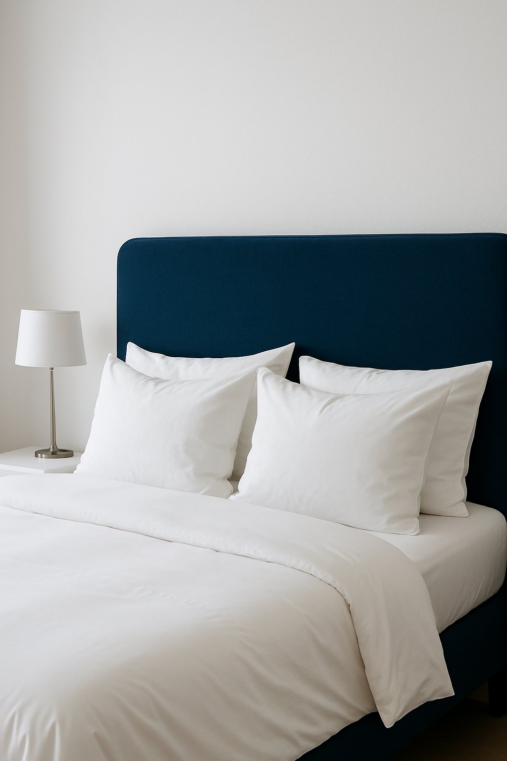 A navy blue headboard against a white wall with white bedding in a white and blue bedroom