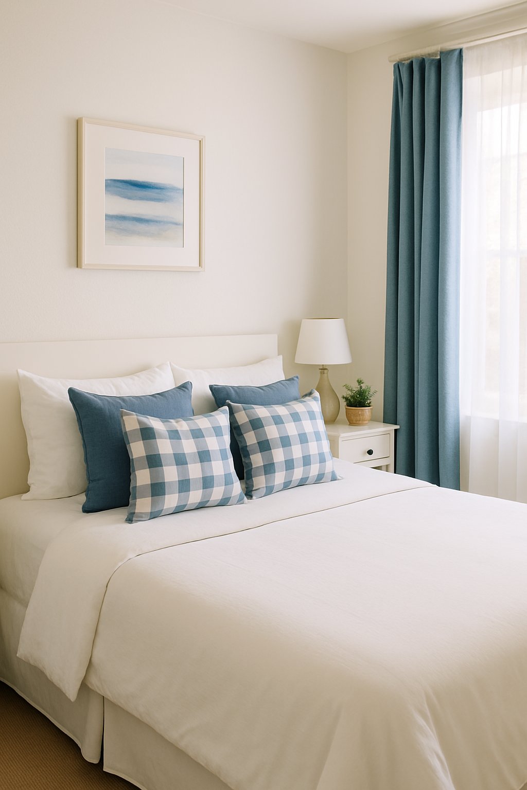 A cozy white and blue bedroom with blue and white checkered throw cushions on the bed
