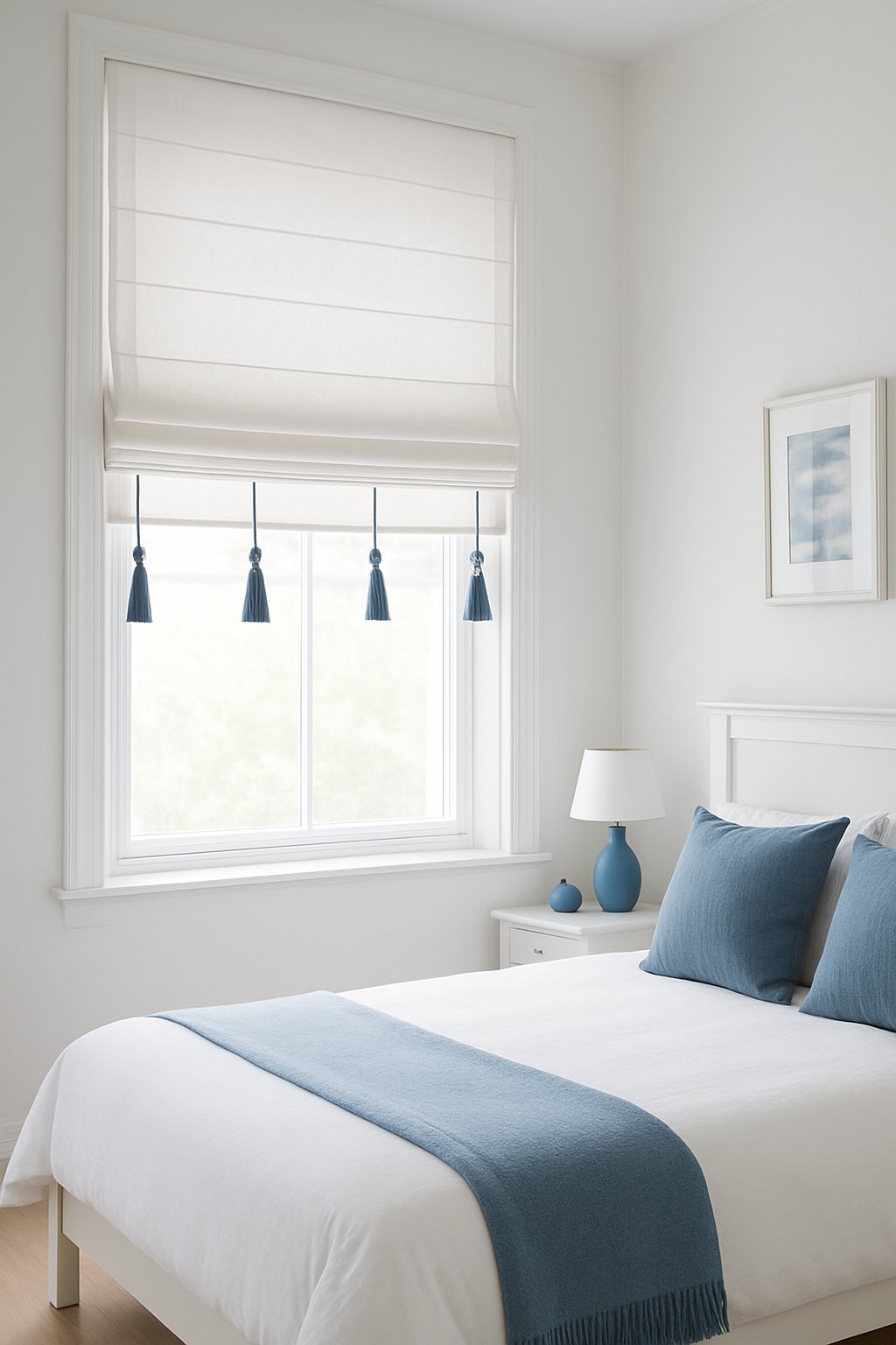 White roman blinds with blue tassels hang in a serene white and blue bedroom with a color scheme of white and blue