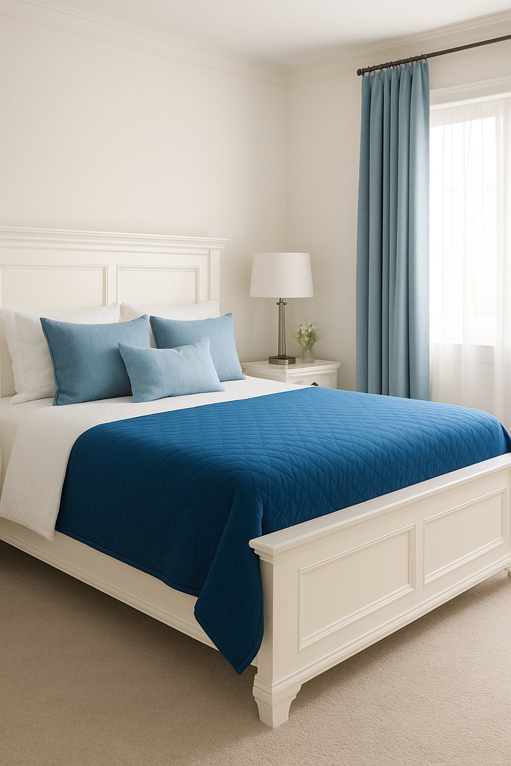 A classic white bed frame with a blue quilt in a serene bedroom setting in white and blue themed bedroom luxury