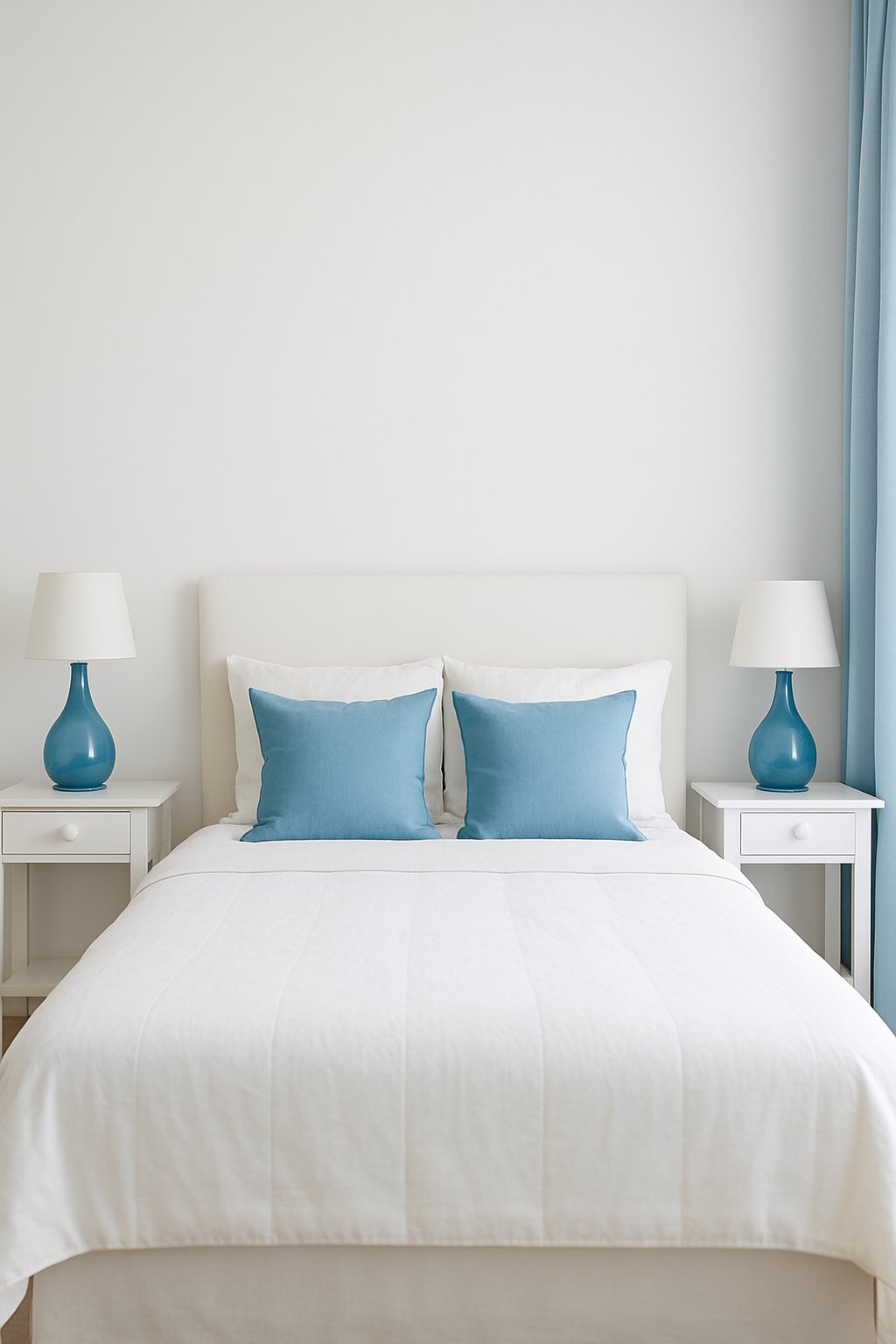 Blue glass vases sit on white bedside tables in a serene white and blue bedroom