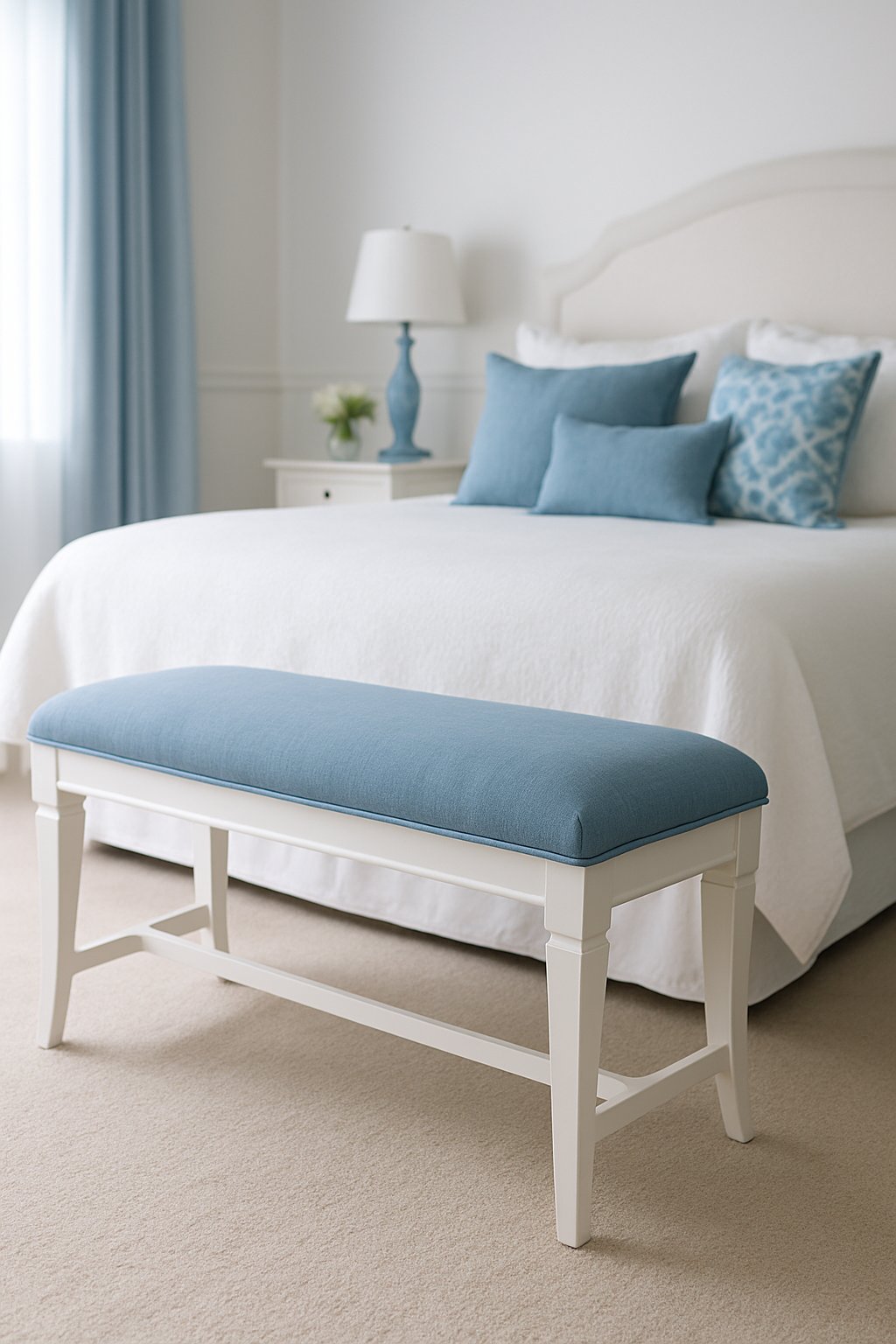 A white bench with a blue upholstered seat in a serene white and blue bedroom