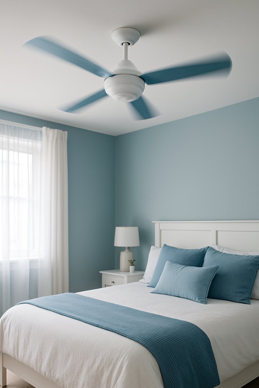 A white ceiling fan with blue blades spins above a serene white and blue bedroom