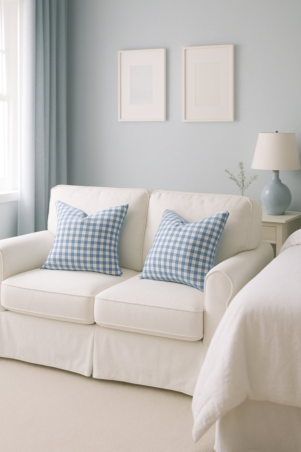 Blue gingham accent pillows on a white sofa in a serene white and blue themed bedroom