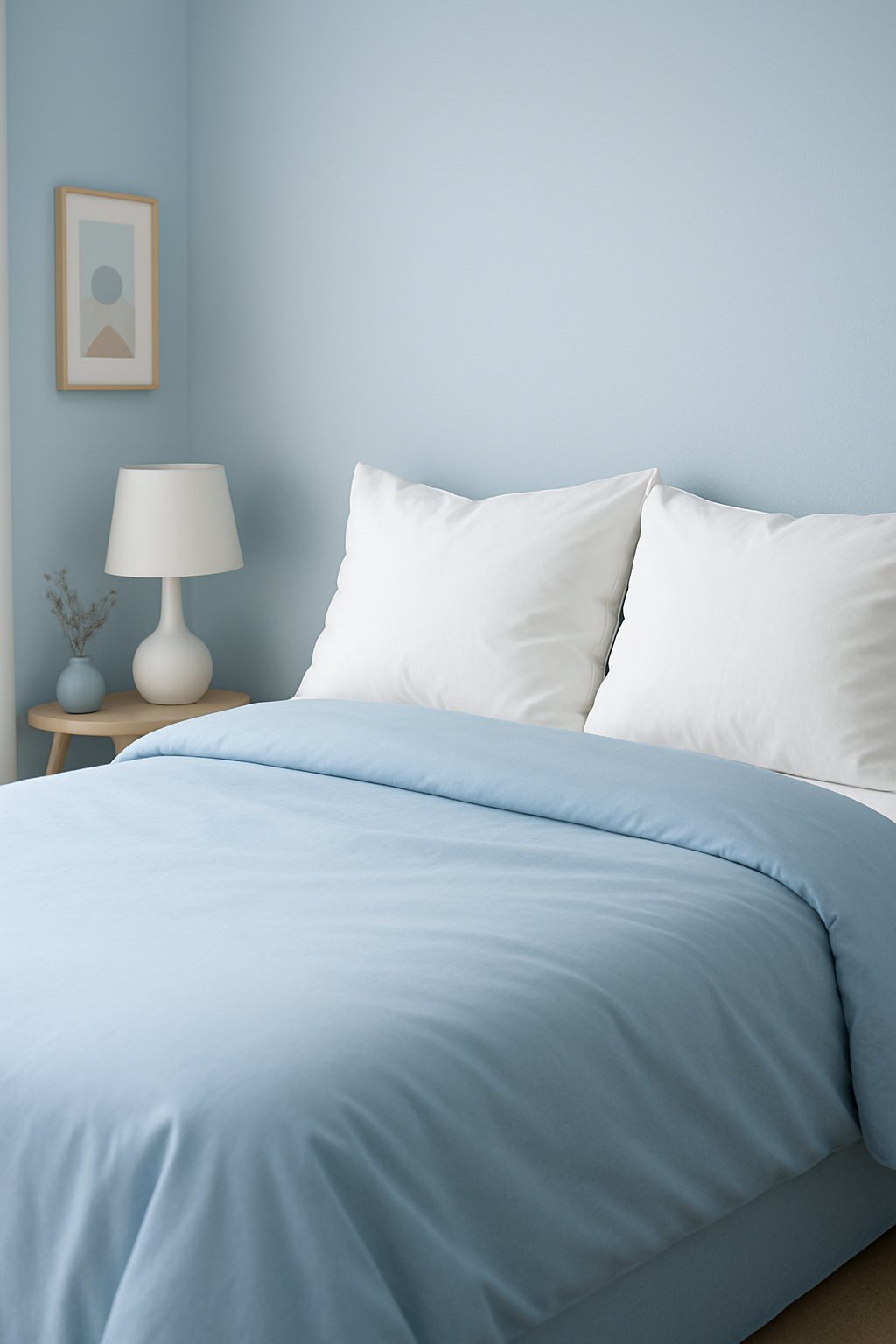 Light blue bedding with fluffy white pillows in a serene bedroom setting in a light blue themed bedroom