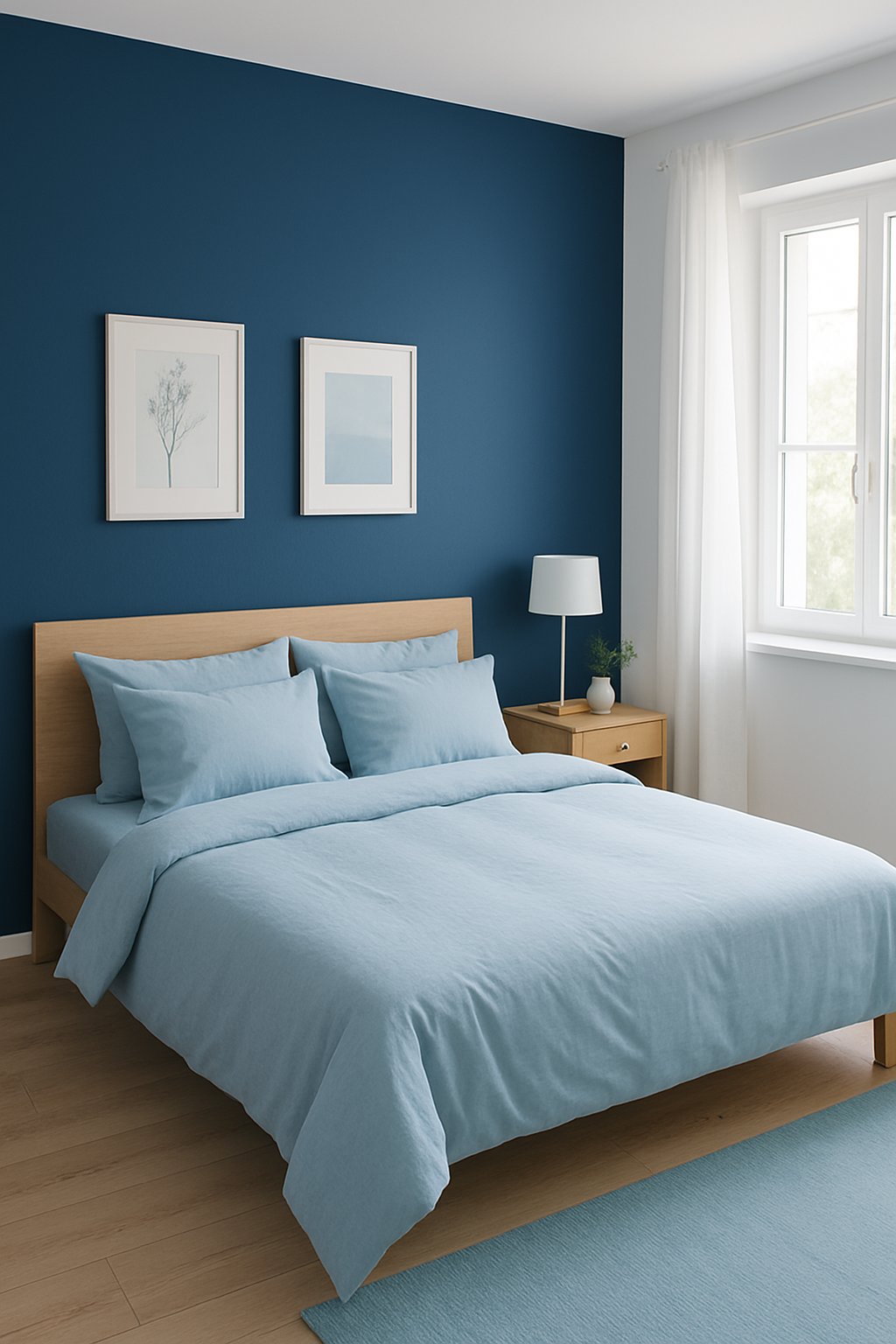 A navy blue accent wall behind a bed in a light blue themed bedroom